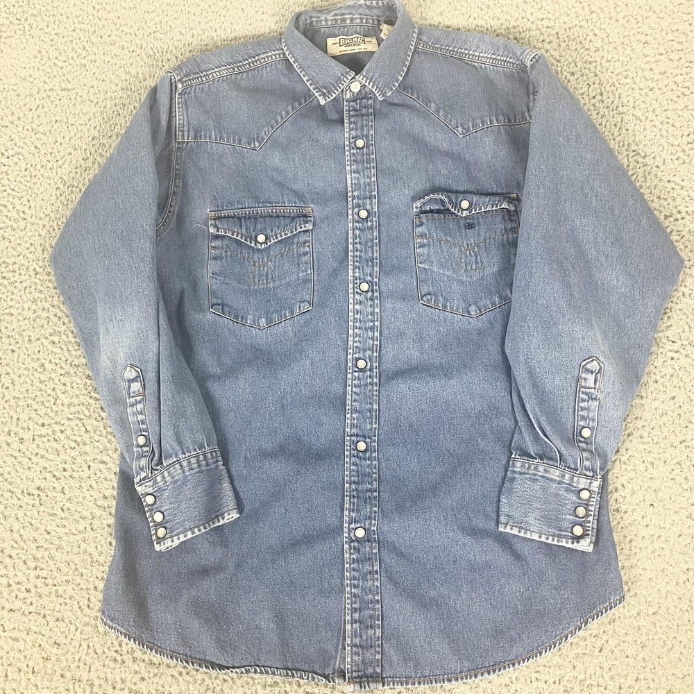 Big Mac Shirt Mens Large Blue Denim Western Pearl Snap Long Sleeve Workwear